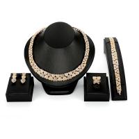 Rhinestone Zinc Alloy Jewelry Set, finger ring & bracelet & earring & necklace, Heart, gold color plated, 4 pieces & for woman & with rhinestone 