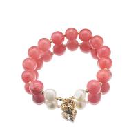 Bracelets perles de pierres semi-précieuses, rouge de cerise, avec perle d'eau douce cultivée & laiton, coeur, Plaqué or 18K, bijoux de mode & pour femme & creux Environ 6.7 pouce, Vendu par PC