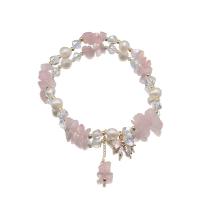 Bracelets perles de pierres semi-précieuses, perle d'eau douce cultivée, avec quartz rose & laiton, Plaqué or 18K, bijoux de mode & pavé de micro zircon & pour femme Environ 6.7-7 pouce, Vendu par PC