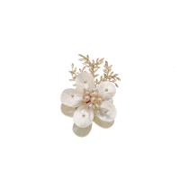 Freshwater Pearl Brooch, with White Shell & Brass, Flower, 18K gold plated & micro pave cubic zirconia & for woman, 70mm 