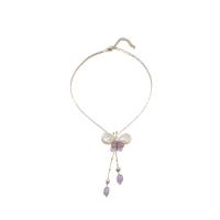 Freshwater Pearl Brass Necklace, with White Shell & Amethyst & Brass, Butterfly, 18K gold plated, fashion jewelry & for woman Approx 17.7 Inch 