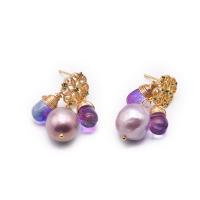 Freshwater Pearl Drop Earring, with Amethyst & Brass, 18K gold plated, fashion jewelry & for woman & hollow 