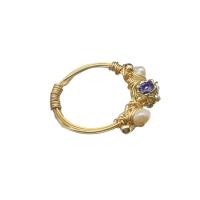 Cultured Freshwater Pearl Finger Ring, with Brass & Cloisonne, Flower, 18K gold plated, fashion jewelry & for woman, US Ring 