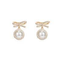 Rhinestone Brass Drop Earring, with Plastic Pearl, fashion jewelry & for woman & with rhinestone, golden, 18mm 