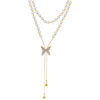 Fashion Multi Layer Necklace, 316L Stainless Steel, with Plastic Pearl, Butterfly, fashion jewelry & for woman & with rhinestone, golden Approx 26.77 Inch 