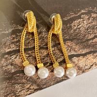 Brass Drop Earring, with Plastic Pearl, real gold plated, fashion jewelry & for woman, golden, 65mm 