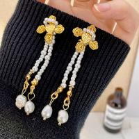 Fashion Fringe Earrings, Brass, with Plastic Pearl, real gold plated, fashion jewelry & for woman, golden, 70mm 