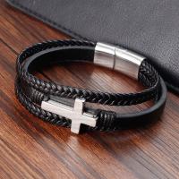 PU Leather Cord Bracelets, with 304 Stainless Steel, Cross, three layers & vintage & for man, black cm 