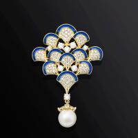Plastic Pearl Brooch, Brass, with Plastic Pearl, Vacuum Ion Plating, micro pave cubic zirconia, white 