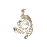 Freshwater Pearl Brooch, Brass, with Freshwater Pearl, Vacuum Ion Plating, micro pave cubic zirconia, golden [