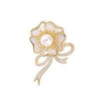 South Sea Shell Brooch, Brass, with Shell Pearl, Flower, Vacuum Ion Plating, micro pave cubic zirconia, golden 