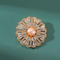 Freshwater Pearl Brooch, Brass, with Freshwater Pearl, Round, Vacuum Ion Plating, micro pave cubic zirconia, golden, 32mm 