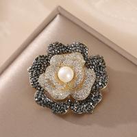 Freshwater Pearl Brooch, Brass, with Freshwater Pearl, Flower, Vacuum Ion Plating, micro pave cubic zirconia, golden, 37mm 