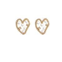 Plastic Pearl Zinc Alloy Earring, with Plastic Pearl, Heart, high quality plated, fashion jewelry & for woman & with rhinestone & hollow, golden 