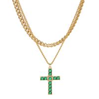 Fashion Multi Layer Necklace, 304 Stainless Steel, with 1.97inch extender chain, Cross, 18K gold plated, Double Layer & micro pave cubic zirconia & for woman, golden Approx 15.75 Inch, Approx 17.72 Inch 