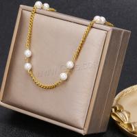 Stainless Steel Jewelry Necklace, 304 Stainless Steel, with Plastic Pearl, with 1.97inch extender chain, Vacuum Ion Plating, fashion jewelry & for woman, golden Approx 15.75 Inch [