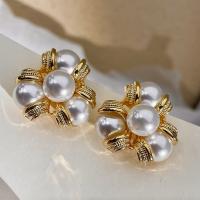Brass Stud Earring, with Plastic Pearl, real gold plated, fashion jewelry & for woman, golden, 30mm [