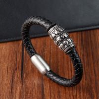 PU Leather Cord Bracelets, with 304 Stainless Steel, Skull, Vacuum Ion Plating, vintage & for man cm 