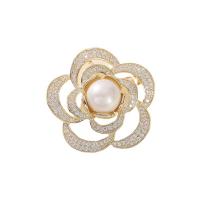 South Sea Shell Brooch, Brass, with Shell Pearl, Flower, Vacuum Ion Plating, fashion jewelry & micro pave cubic zirconia & for woman, golden, 37mm 