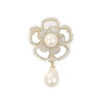 South Sea Shell Brooch, Brass, with Shell Pearl, Flower, Vacuum Ion Plating, fashion jewelry & micro pave cubic zirconia & for woman, golden 