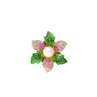 Freshwater Pearl Brooch, Brass, with Freshwater Pearl, Flower, Vacuum Ion Plating, fashion jewelry & micro pave cubic zirconia & for woman, gold, 38mm 
