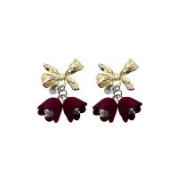 Plastic Pearl Zinc Alloy Earring, with Flocking Fabric & Plastic Pearl, Bowknot, gold color plated, fashion jewelry & for woman 
