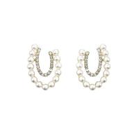 Plastic Pearl Zinc Alloy Earring, with Zinc Alloy, Letter U, gold color plated, for woman & with rhinestone [