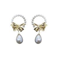 Plastic Pearl Zinc Alloy Earring, with Zinc Alloy, Bowknot, gold color plated, Korean style & for woman 
