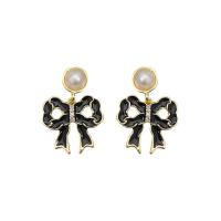 Plastic Pearl Zinc Alloy Earring, with Zinc Alloy, Bowknot, gold color plated, Korean style & for woman & enamel & with rhinestone 