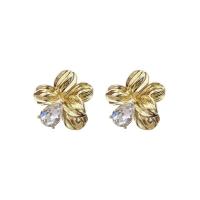 Zinc alliage strass Stud Earring, alliage de zinc, fleur, Placage de couleur d'or, Style coréen & pour femme & avec strass Vendu par paire