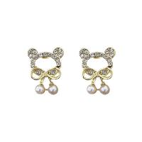 Zinc Alloy Rhinestone Stud Earring, with Plastic Pearl, Bear, gold color plated, for woman & with rhinestone & hollow [