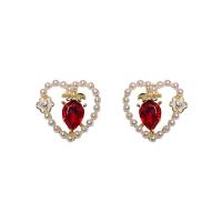 Zinc Alloy Rhinestone Stud Earring, Plastic Pearl, with Zinc Alloy, Heart, gold color plated, Korean style & for woman & with rhinestone & hollow [