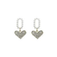 Zinc Alloy Rhinestone Drop Earring, with Plastic Pearl, Heart, gold color plated, Korean style & for woman & with rhinestone 