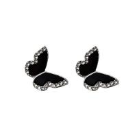 Enamel Zinc Alloy Stud Earring, Butterfly, silver color plated, for woman & with rhinestone [