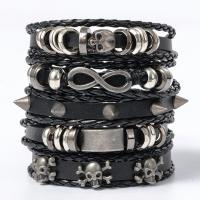 Wrap Bracelets, Cowhide, with PU Leather & Zinc Alloy, Skull, plated, 5 pieces & for man, black Approx 11 Inch 