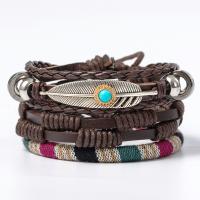 Wrap Bracelets, Cowhide, with turquoise & Wax Cord & Zinc Alloy, Feather, plated, multilayer & folk style & Unisex, deep coffee color Approx 7 Inch 
