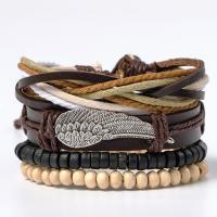 Wrap Bracelets, Cowhide, with Wax Cord & Wood & Zinc Alloy, Wing Shape, plated, multilayer & folk style & for man Approx 7 Inch 