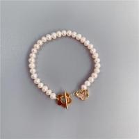 Cultured Freshwater Pearl Brass Bracelet, with Brass, fashion jewelry & for woman, white, 5-6mm 