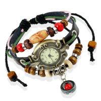Wrap Watch, Full Grain Cowhide Leather, with Wax Cord & Glass & Zinc Alloy, handmade, three layers & fashion jewelry & for woman, multi-colored cm [
