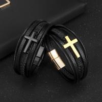 PU Leather Cord Bracelets, with Zinc Alloy, Cross, multilayer & for man Approx 8.27 Inch 