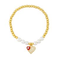 Evil Eye Jewelry Bracelet, Brass, with Plastic Pearl, Heart, micro pave cubic zirconia & enamel cm 