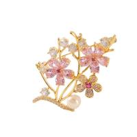 Freshwater Pearl Brooch, Brass, with Freshwater Pearl, Plum Blossom, plated, micro pave cubic zirconia, golden 