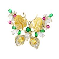 Shell Brooch, Brass, with Shell, Butterfly, Vacuum Ion Plating, micro pave cubic zirconia & for woman, multi-colored 