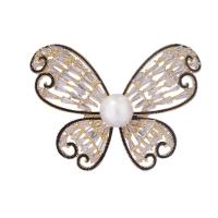 Freshwater Pearl Brooch, Brass, with Freshwater Pearl, Butterfly, Vacuum Ion Plating, micro pave cubic zirconia & for woman, gold 