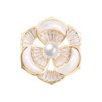 Freshwater Pearl Brooch, Brass, with Freshwater Pearl, Flower, Vacuum Ion Plating, micro pave cubic zirconia & for woman, golden, 31mm 