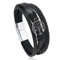 PU Leather Cord Bracelets, with Magnet & Zinc Alloy, Tree, antique silver color plated, multilayer & for man, black Approx 8.5 Inch [
