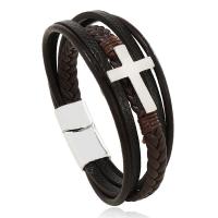 PU Leather Cord Bracelets, with Zinc Alloy, Cross, plated, multilayer & for man Approx 8.5 Inch [