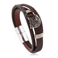 PU Leather Cord Bracelets, Cowhide, with PU Leather & Zinc Alloy, Eagle, plated, vintage & multilayer & for man, coffee color Approx 8.5 Inch [