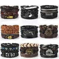 Wrap Bracelets, PU Leather, with Wood & Zinc Alloy, plated, vintage & multilayer & for man Approx 6.7-7 Inch 
