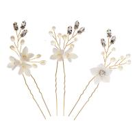 Hair Stick, Zinc Alloy, with Polymer Clay & Plastic Pearl, gold color plated, three pieces & fashion jewelry & for woman & with rhinestone, two different colored, 105mm 